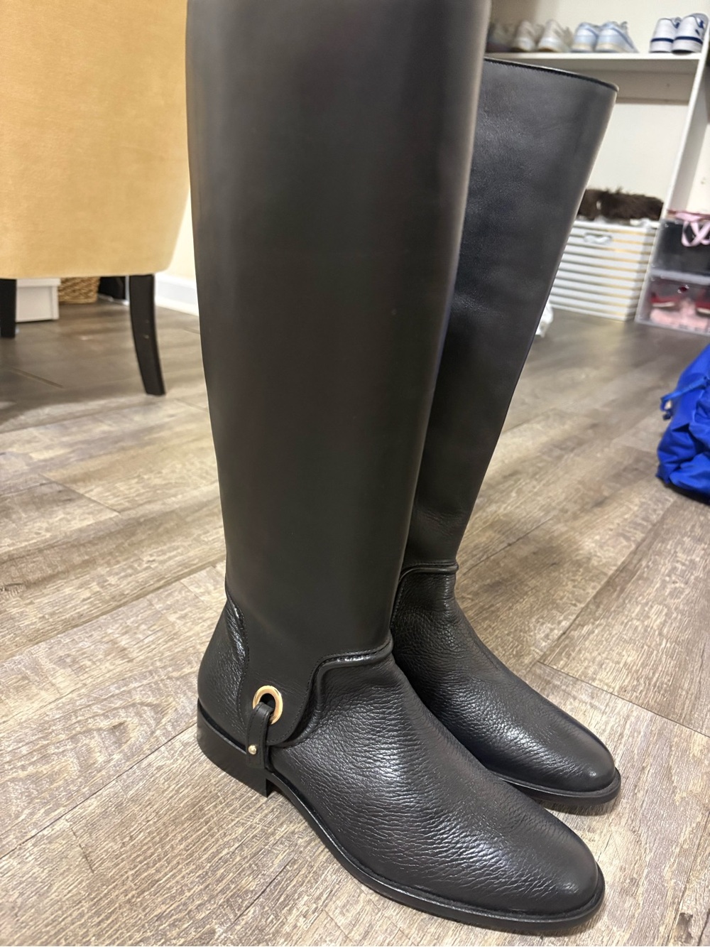 Black Over-the-Knee Leather Riding Boots with Gold Ring Detail